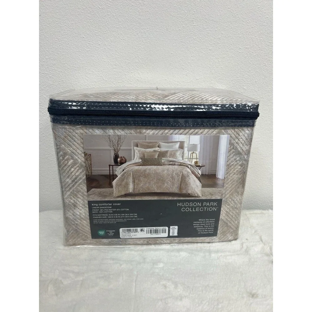 Hudson Park Linear Sandstone King Duvet Cover + 1 King Sham Gold New